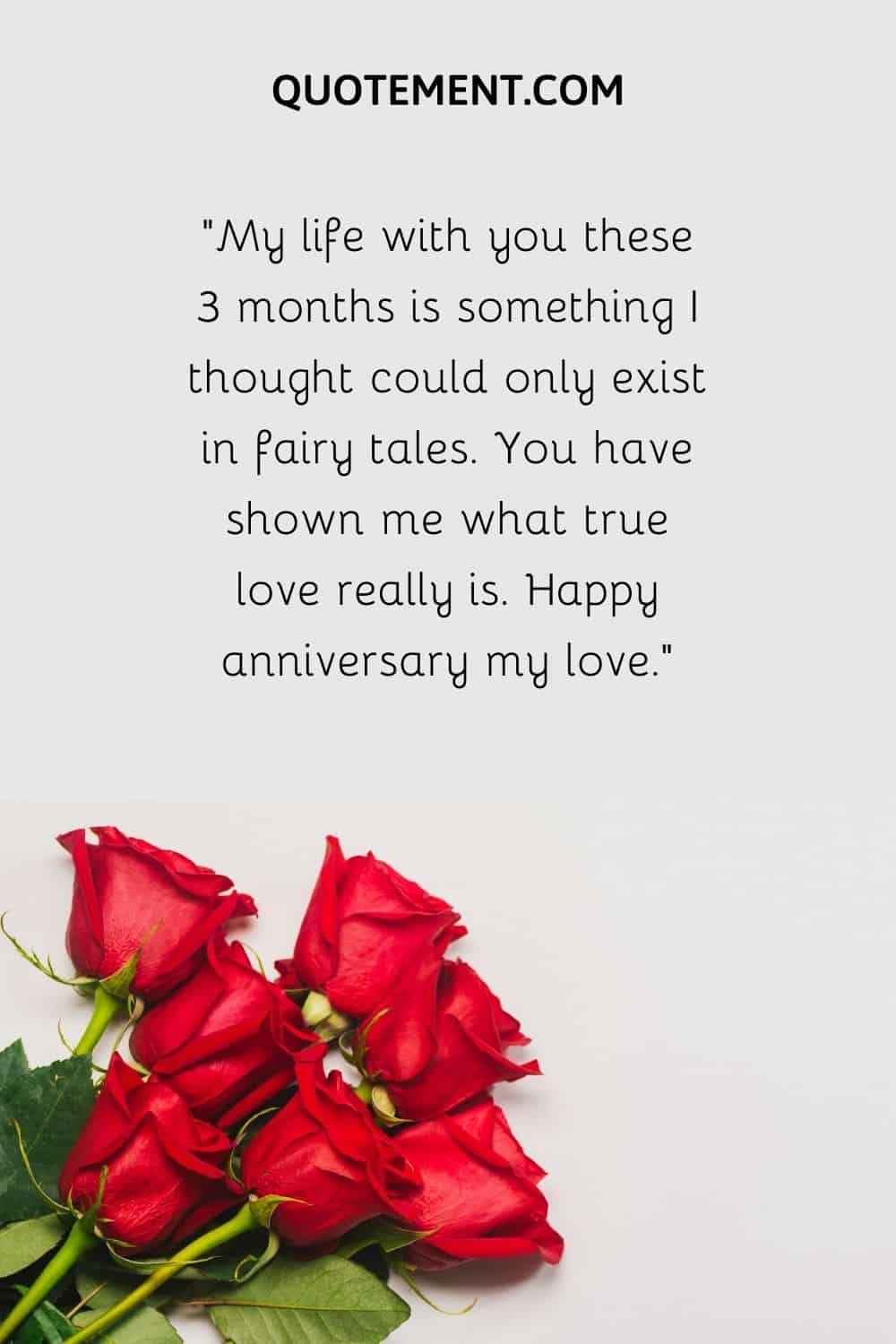 “My life with you these 3 months is something I thought could only exist in fairy tales. You have shown me what true love really is. Happy anniversary my love.”