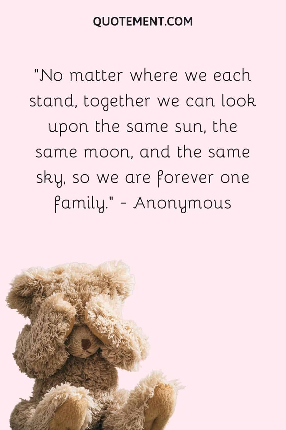 No matter where we each stand, together we can look upon the same sun, the same moon, and the same sky, so we are forever one family. — Anonymous