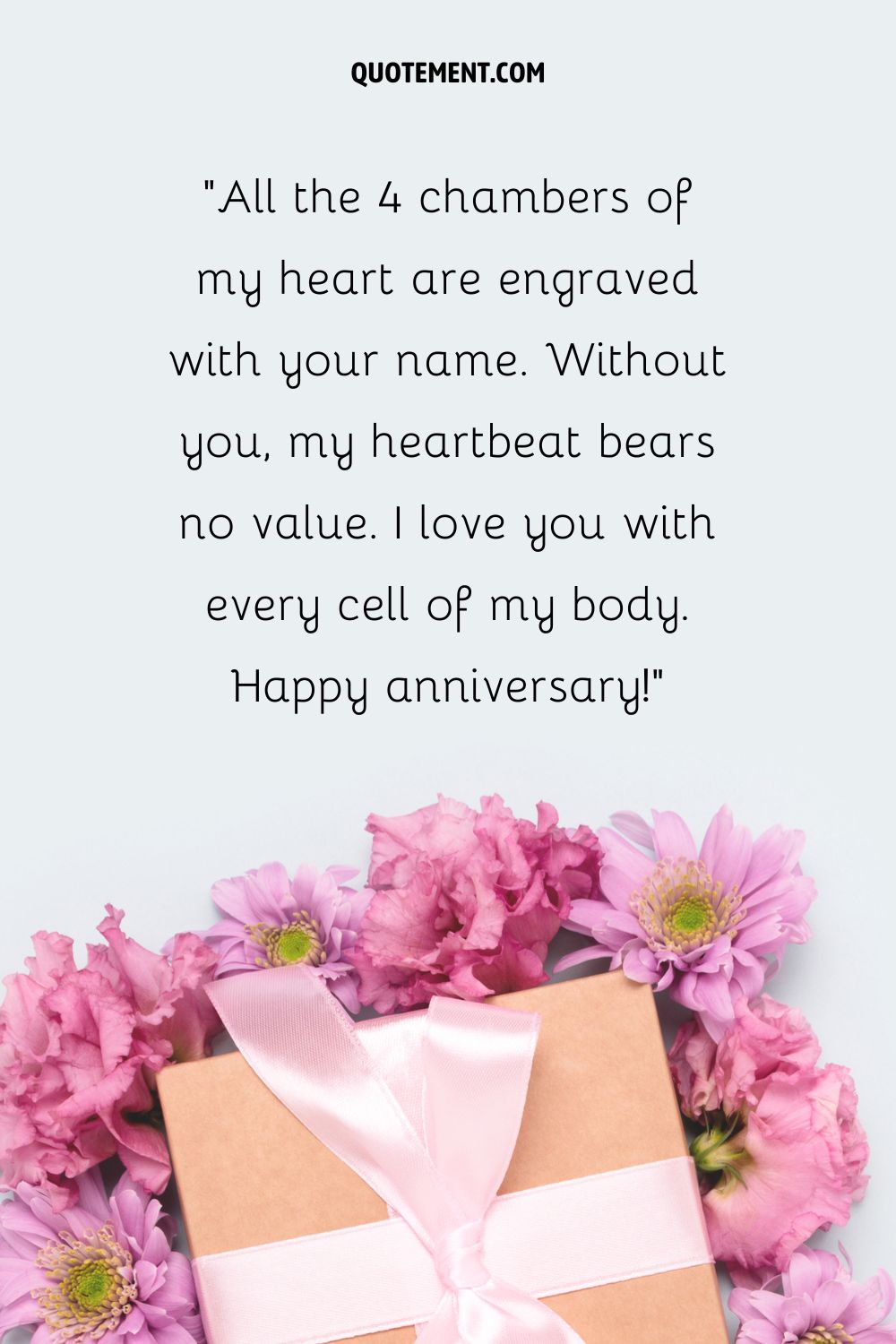 Pink flowers around a brown gift box representing the most beautiful 1st marriage anniversary wish
