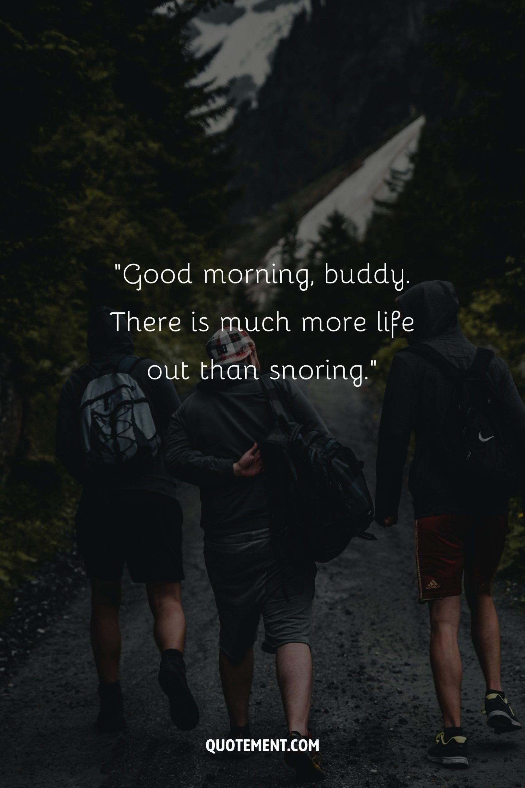 Three male friends setting out on a hike in the forest