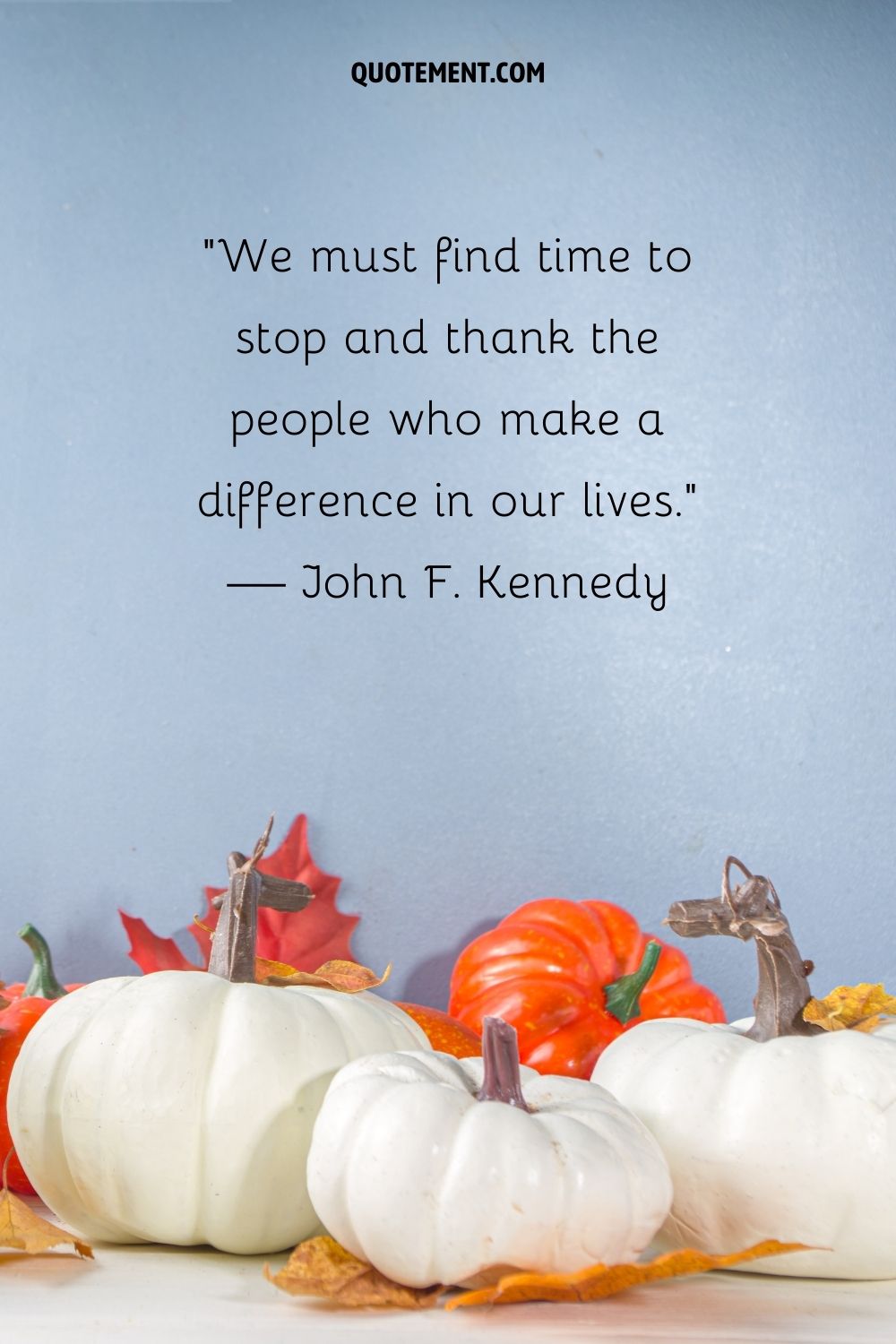 pumpkins and fall foliage set against a blue background