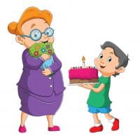 ilustración de un niño dando una tarta de cumpleaños a un profesor