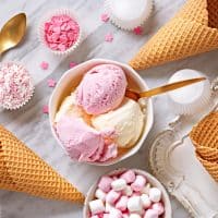 icecream in bowl with scones on table