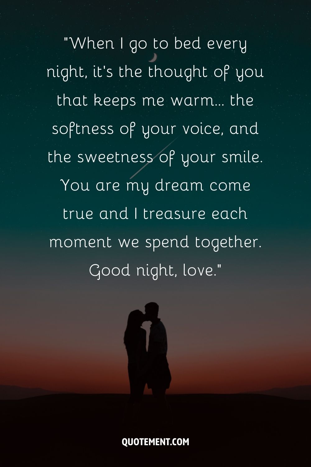 A nighttime silhouette of a couple sharing a kiss with stars and a moon in the background