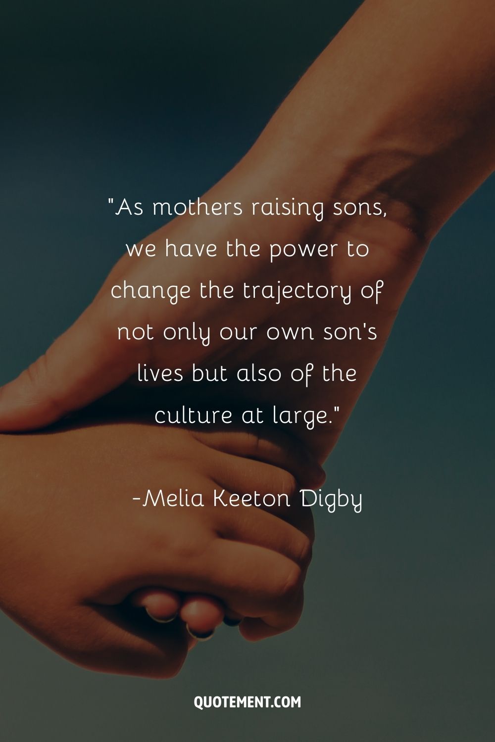 A strong clasp of a mother's and child's hands against a blue background