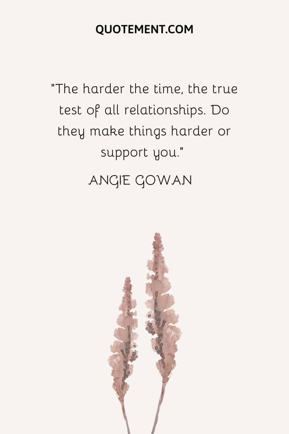 The harder the time, the true test of all relationships. Do they make things harder or support you. — Angie Gowan