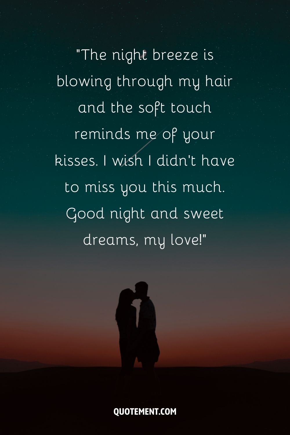 Two figures in a close embrace, silhouetted against a star-filled sky with a crescent moon