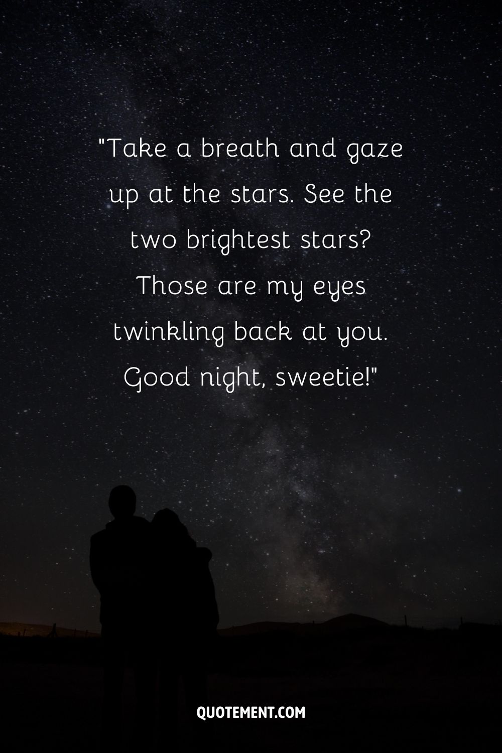 Two people embracing, silhouetted against the starry sky