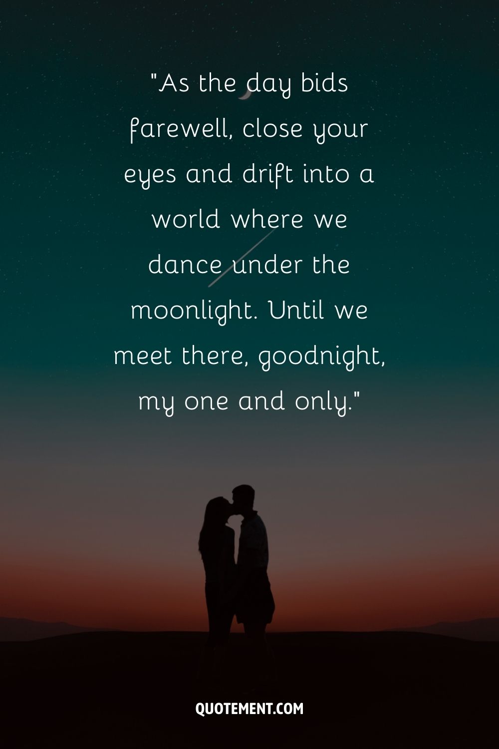Two people in a romantic embrace with a night sky and a sliver of the moon overhead