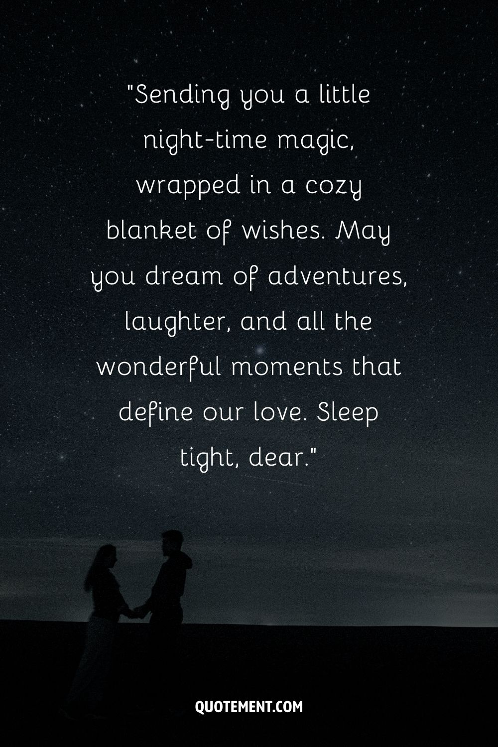 Two people standing by a lakeside with stars overhead representing a romantic good night message for my love