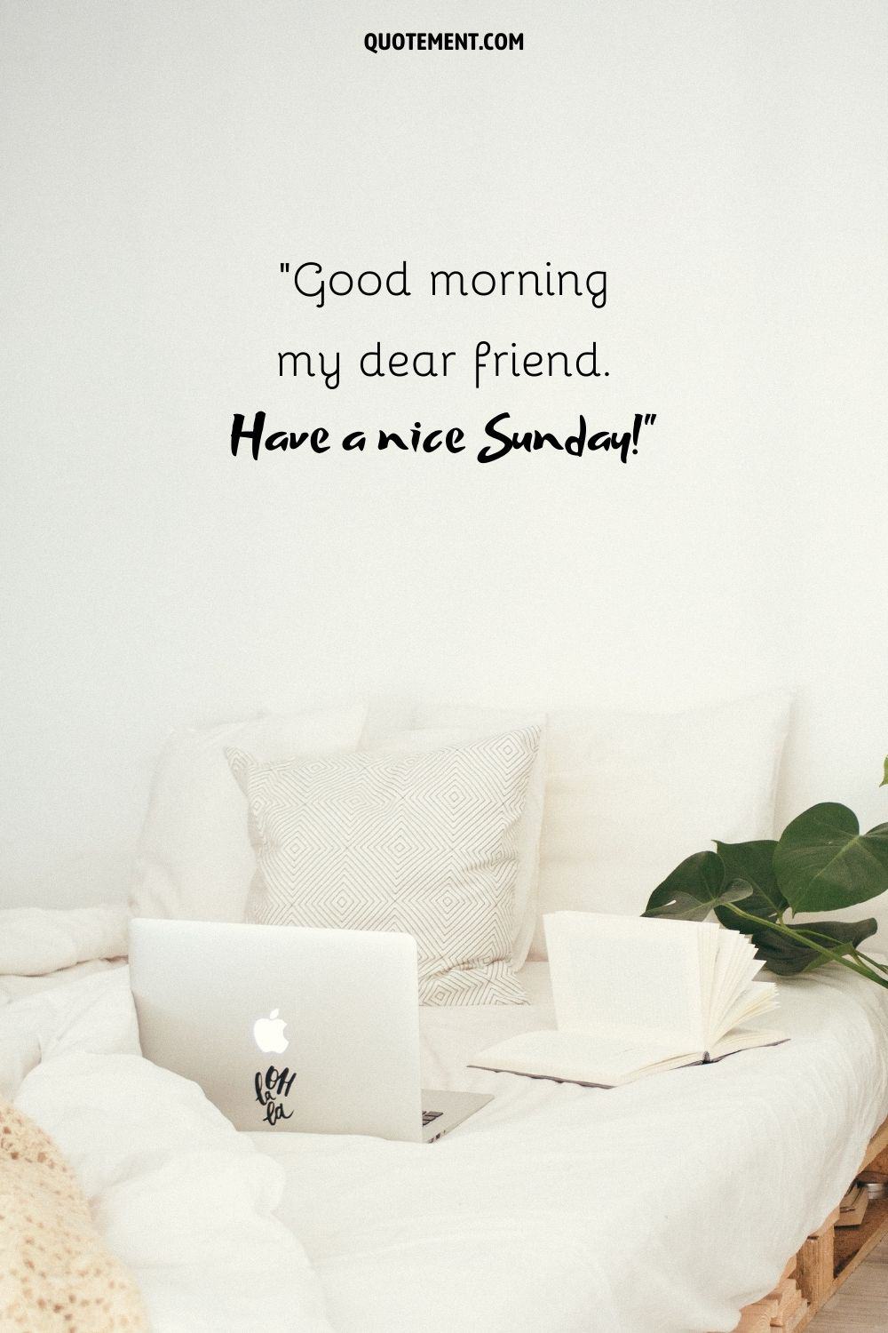 drinking coffe and working in bed representing good morning friend message