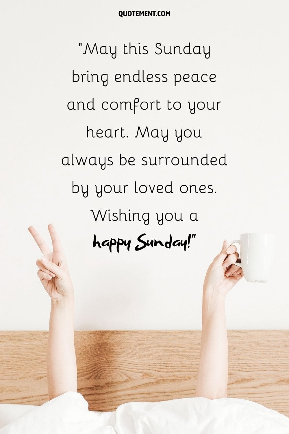 hand in a peace sign and holding a coffee mug representing happy sunday message