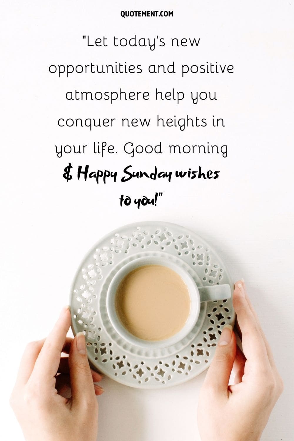 holding a white mug with coffee representing happy blessed sunday image