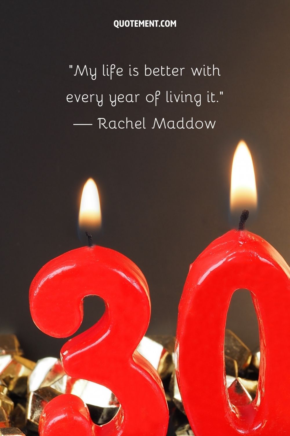 red candles in the shape of the number 30 and golden decorations in the background