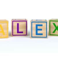 3D Illustration of the name alex written with Isolated wooden toy cubes
