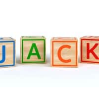 3D Illustration of the name jack written with Isolated wooden toy cubes