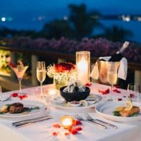 food at the table in evening outdoors