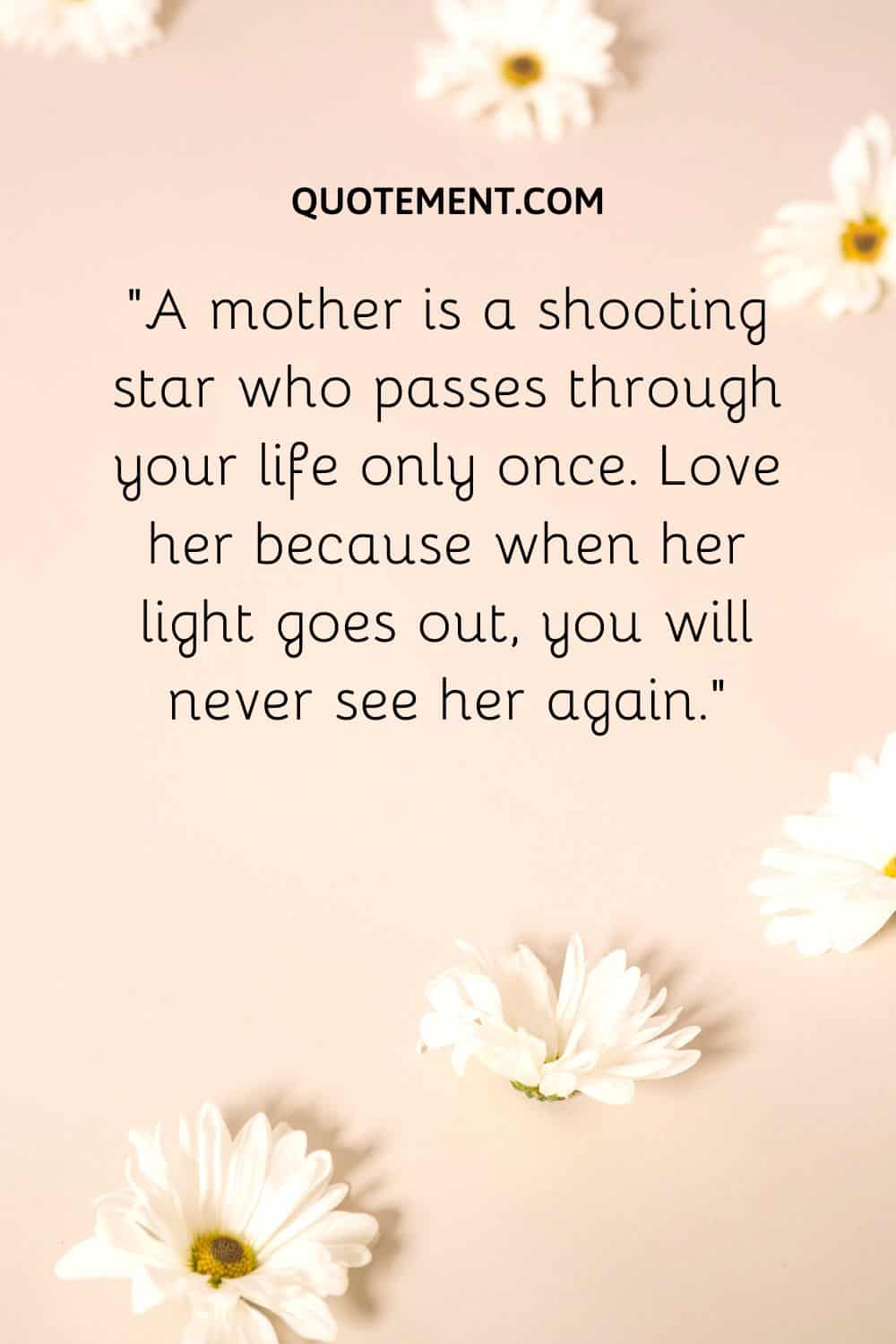 A mother is a shooting star who passes through your life only once.