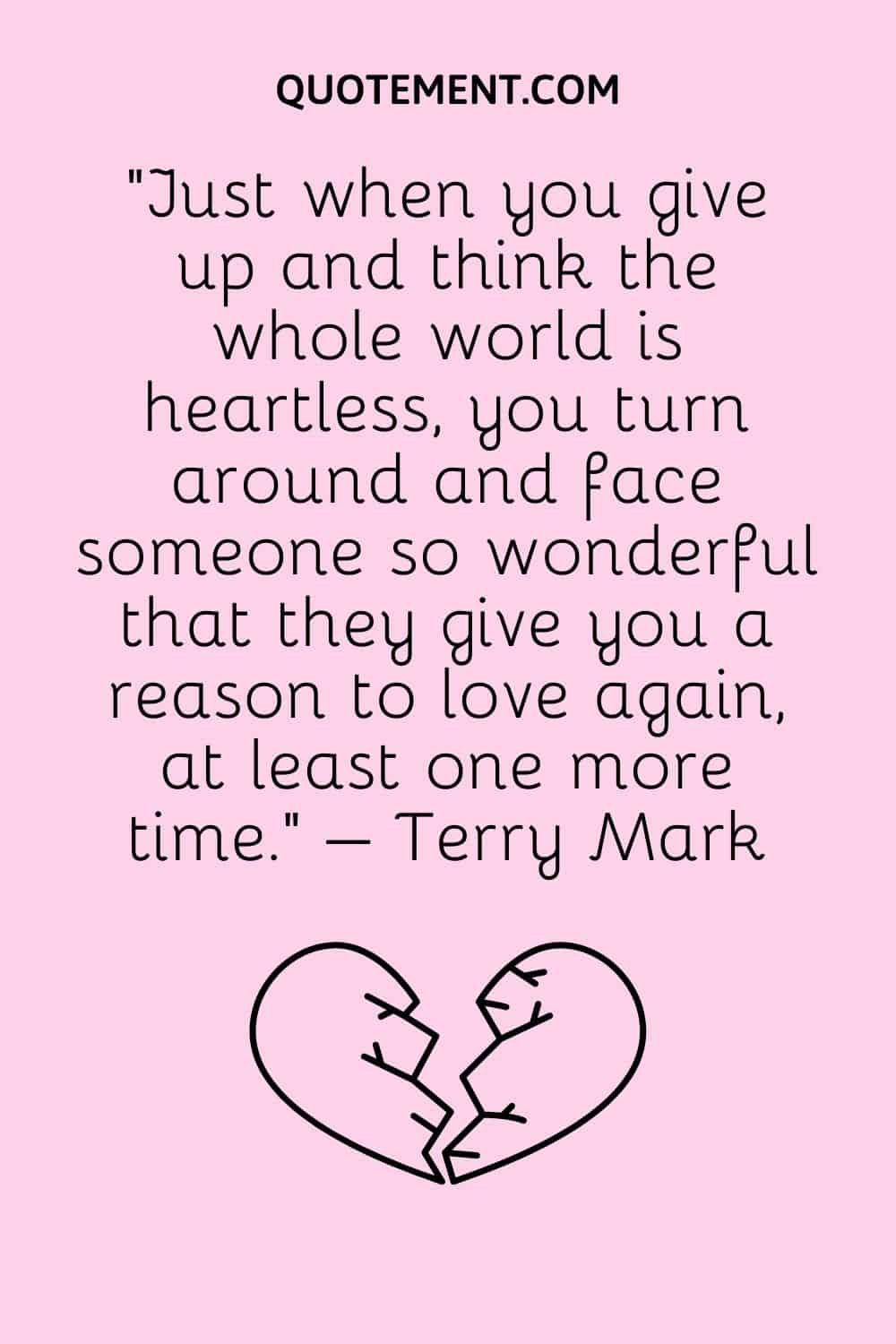 “Just when you give up and think the whole world is heartless, you turn around and face someone so wonderful that they give you a reason to love again, at least one more time.” – Terry Mark