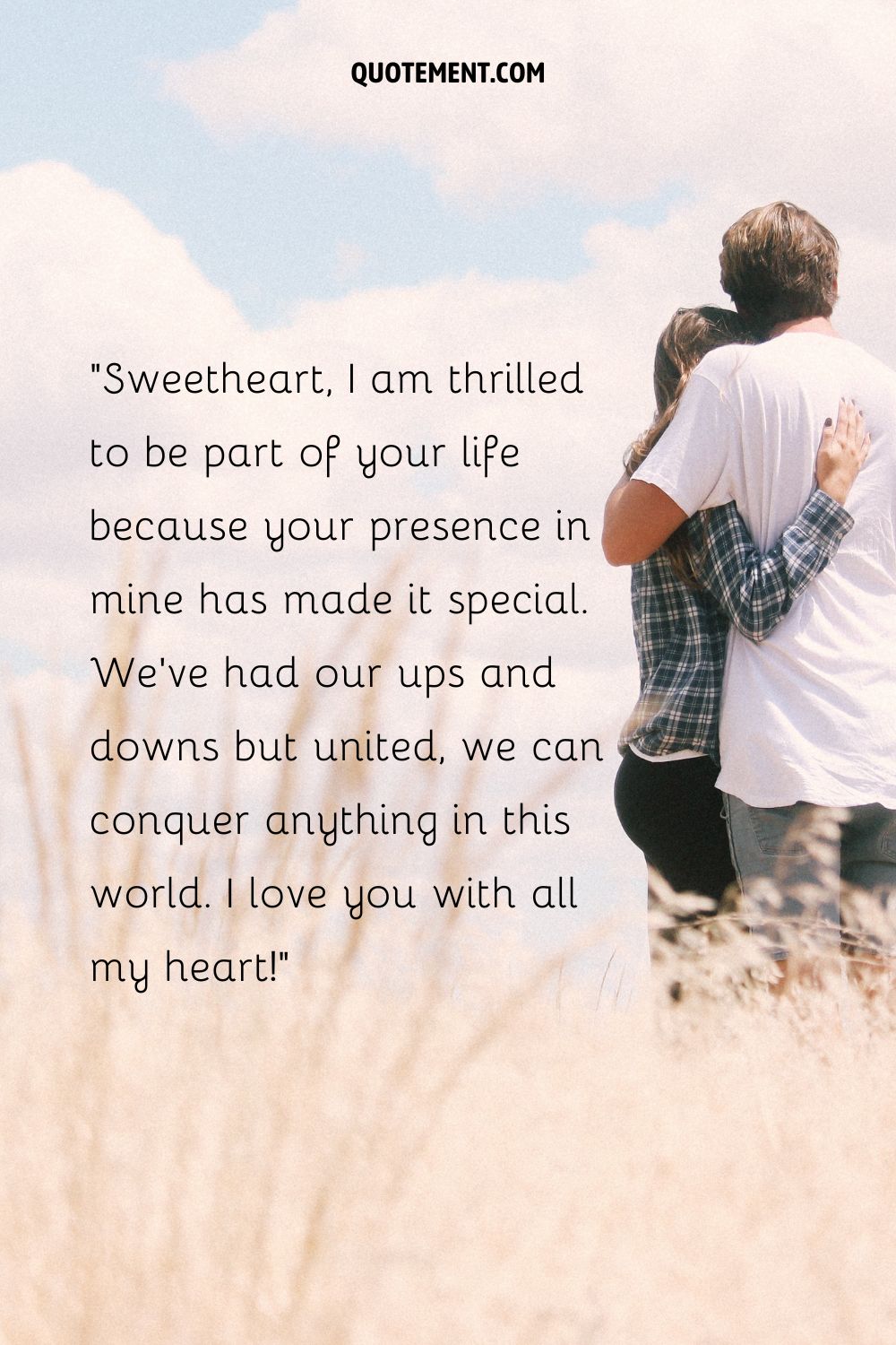 A couple standing in a field embracing each other representing I love you paragraph for him
