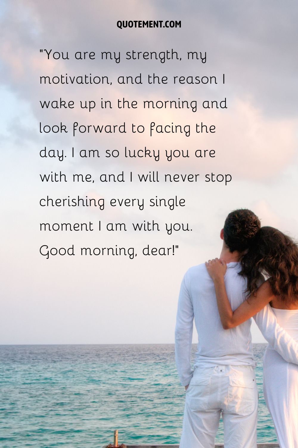 A couple standing on a dock and gazing at the sea representing a sweet paragraph for him to wake up to
