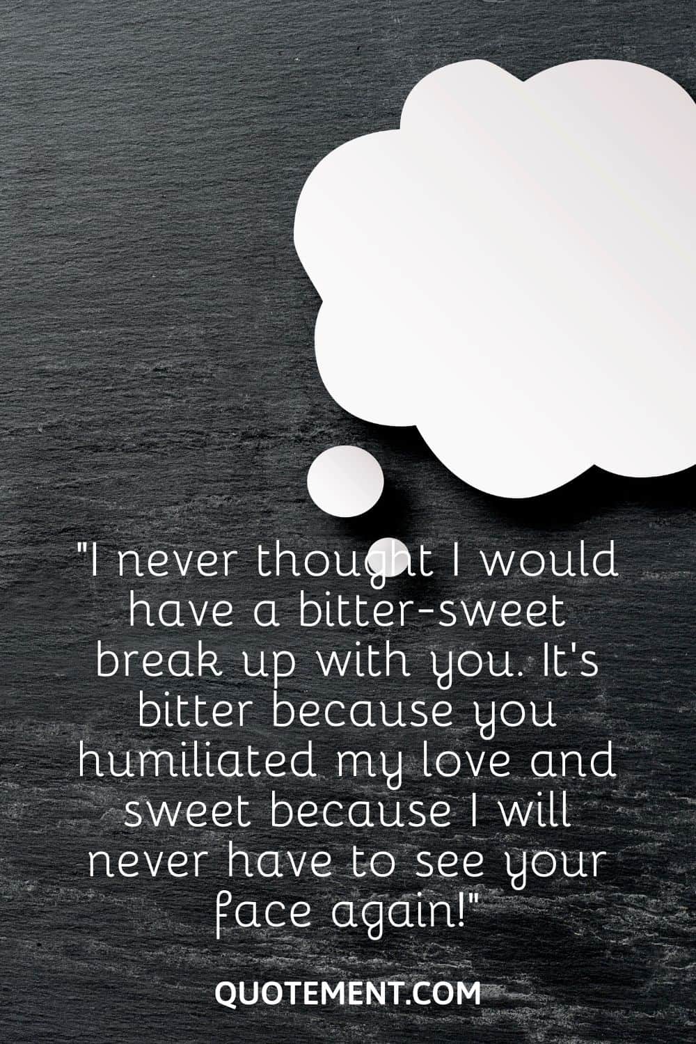 “I never thought I would have a bitter-sweet break up with you. It’s bitter because you humiliated my love and sweet because I will never have to see your face again!”