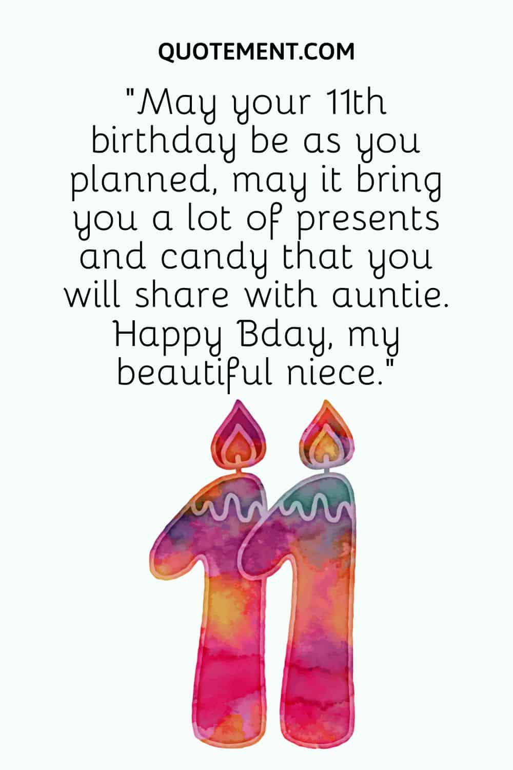 “May your 11th birthday be as you planned, may it bring you a lot of presents and candy that you will share with auntie. Happy Bday, my beautiful niece.”