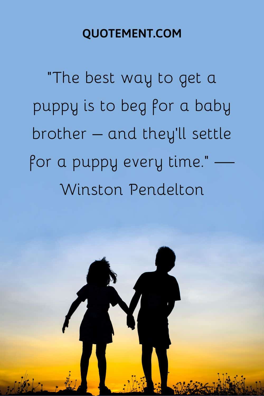 “The best way to get a puppy is to beg for a baby brother – and they’ll settle for a puppy every time.” — Winston Pendelton