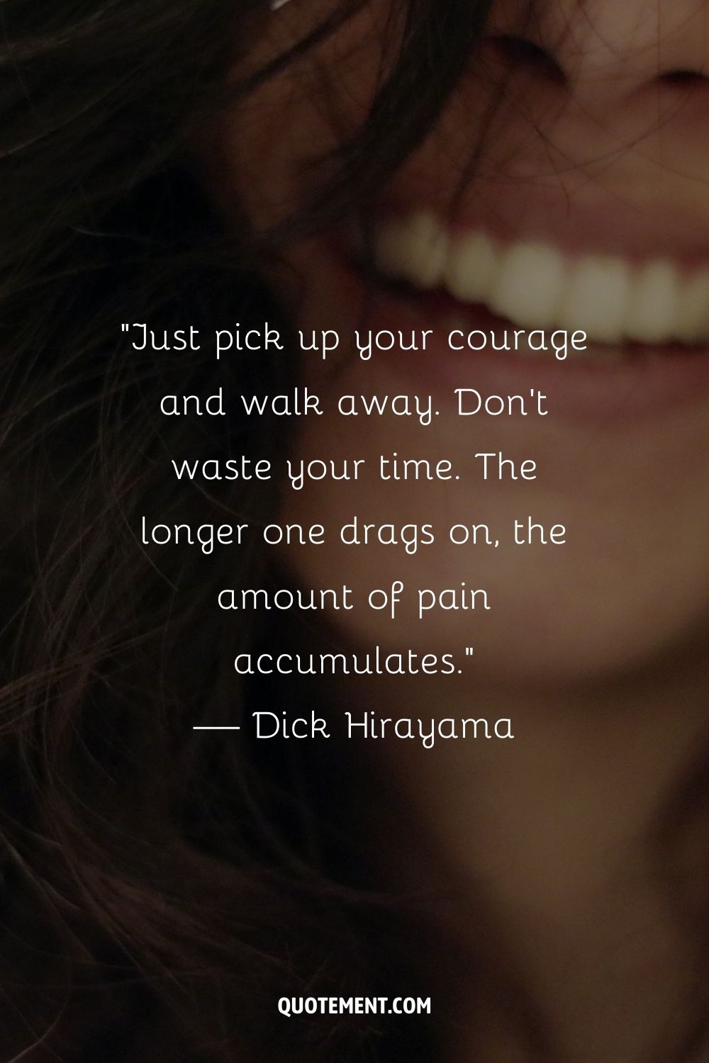 Woman's smile, obscured face representing walking away from drama quote