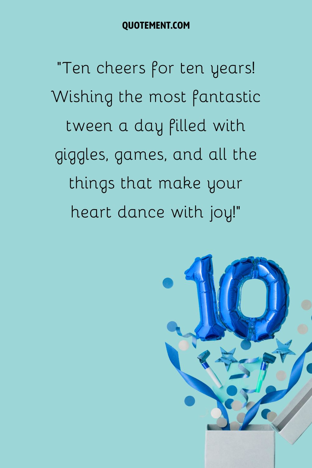 A blue number 10 balloon and party decor popping out of a white box representing an amazing happy 10th birthday wish

