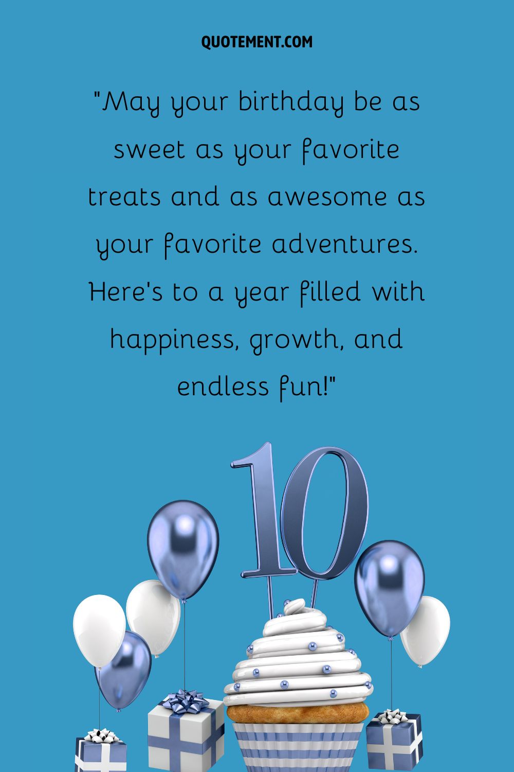 A blue number 10 placed above a cupcake with blue and white balloons and presents around
