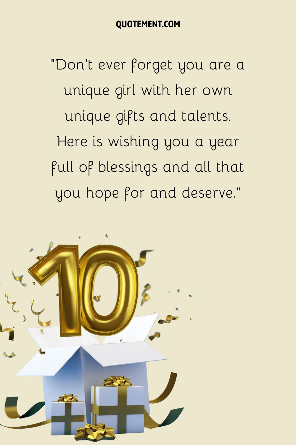 A golden number 10 placed above an open gift box with two more closed gift boxes next to it