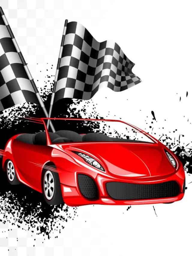 illustration of racing car with checker flag on grungy background