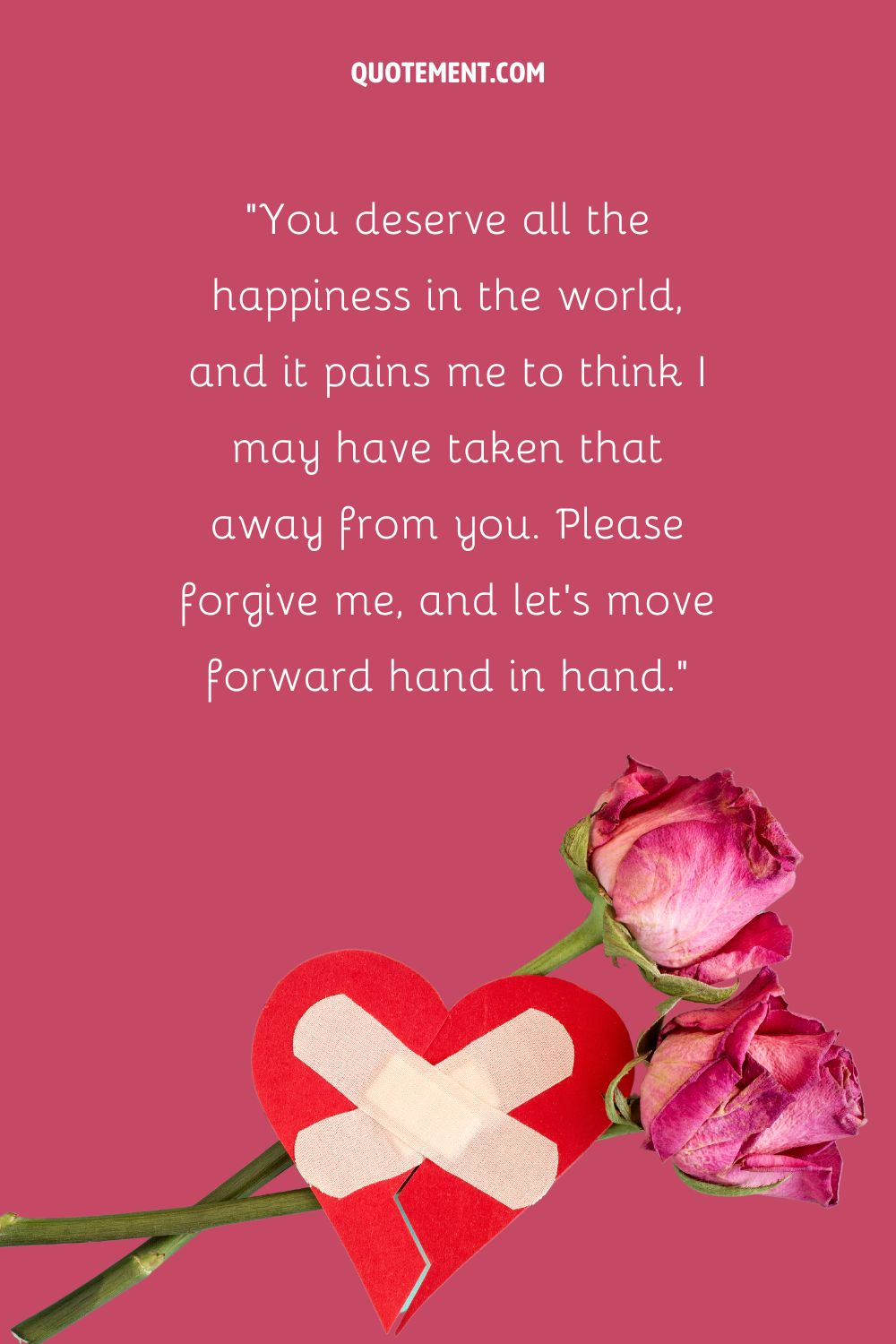 Un corazón de papel con una venda sobre dos rosas rosas que representa un emotivo mensaje de disculpa para el novio