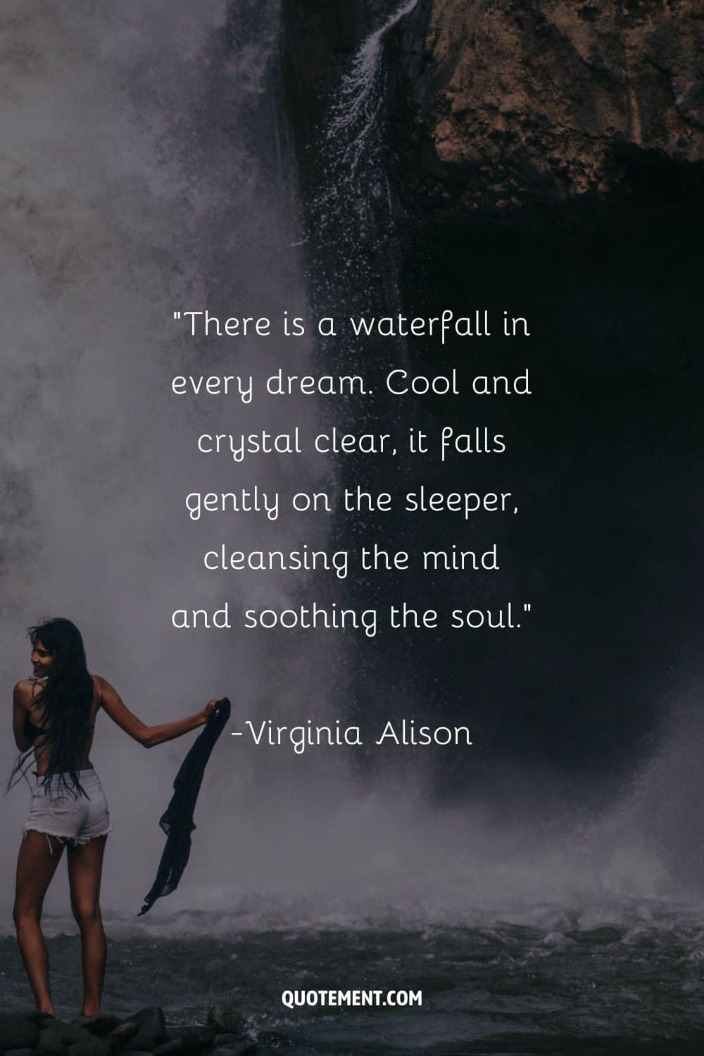 Deep quote on waterfalls and a woman by the waterfall in the background
