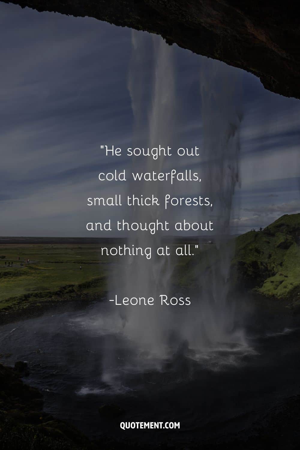 Inspirational quote by Leone Ross on seeking waterfalls and forests, and a waterfall in the background
