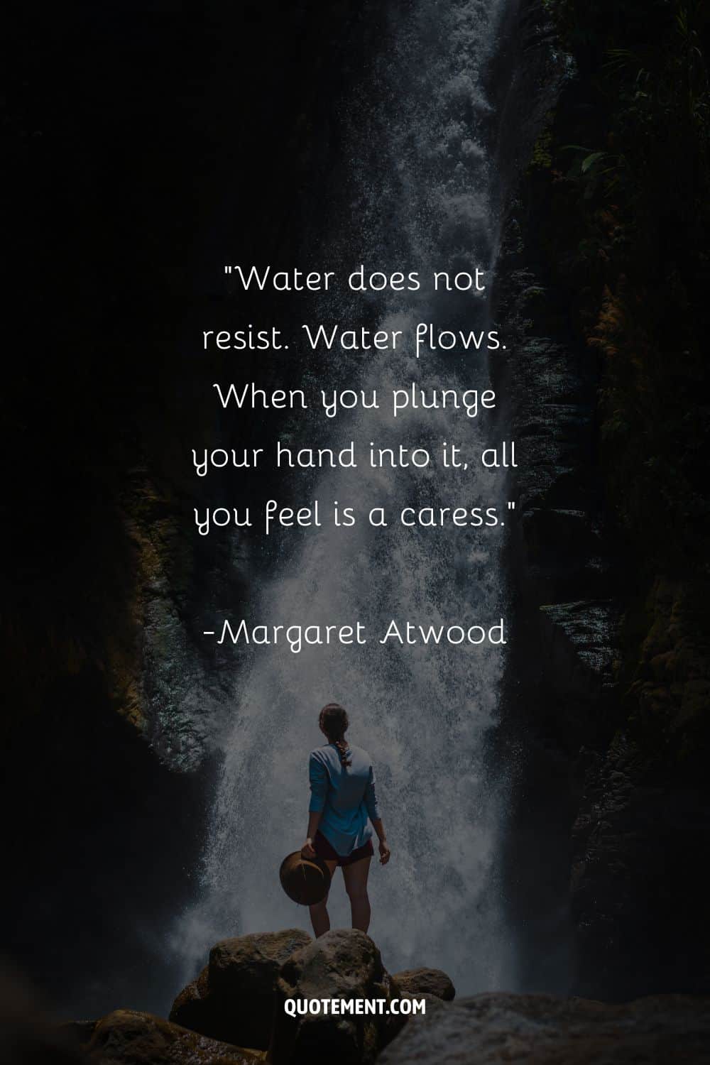Margaret Atwood on water and a woman by the waterfall in the background as well
