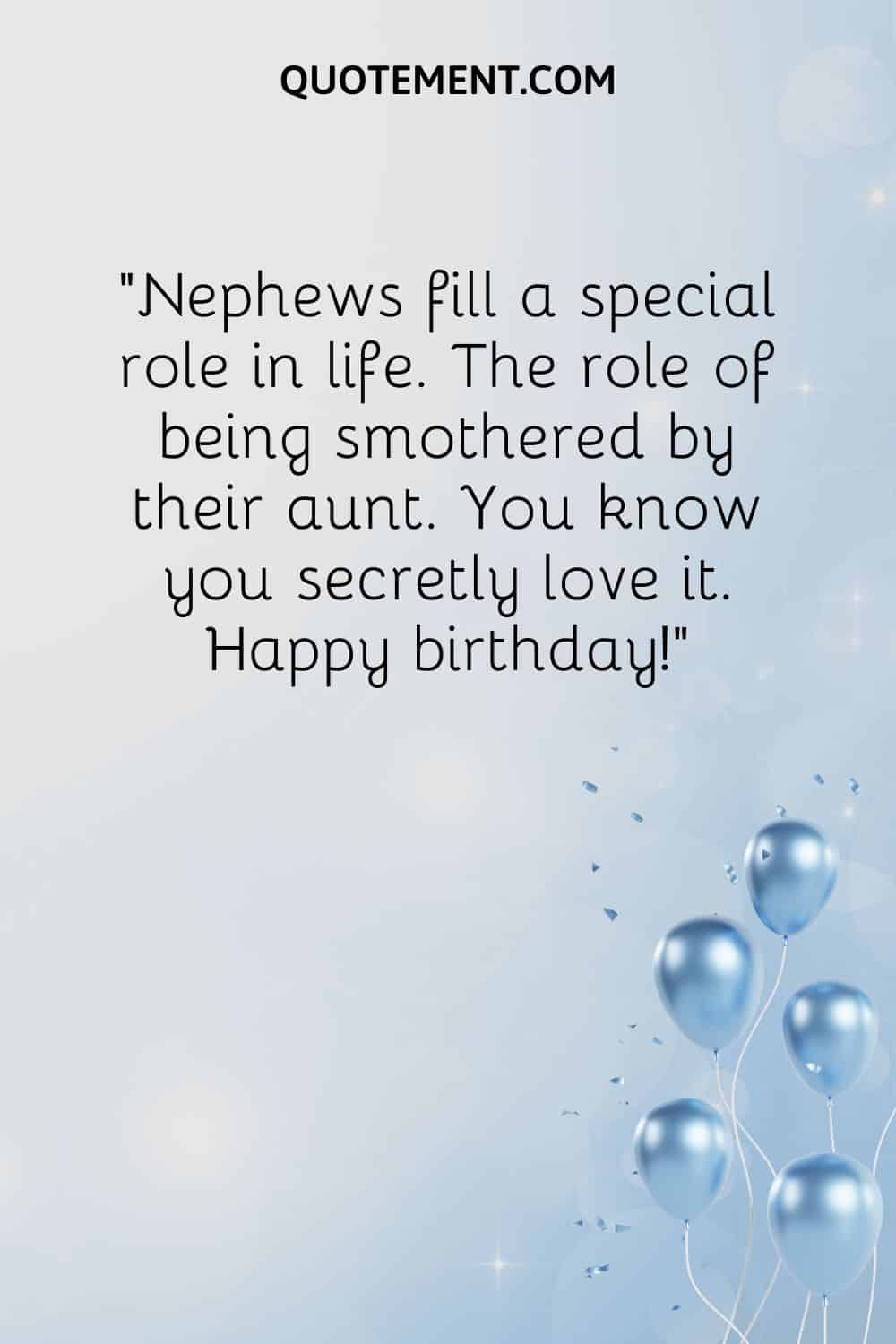“Nephews fill a special role in life. The role of being smothered by their aunt. You know you secretly love it. Happy birthday!”