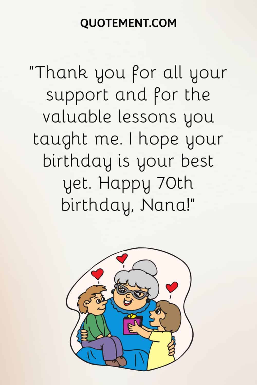 “Thank you for all your support and for the valuable lessons you taught me. I hope your birthday is your best yet. Happy 70th birthday, Nana!”