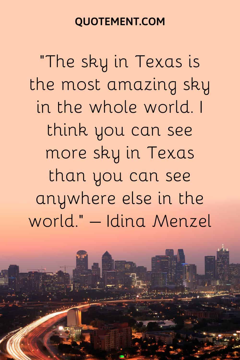The sky in Texas is the most amazing sky in the whole world. I think you can see more sky in Texas than you can see anywhere else in the world. – Idina Menzel
