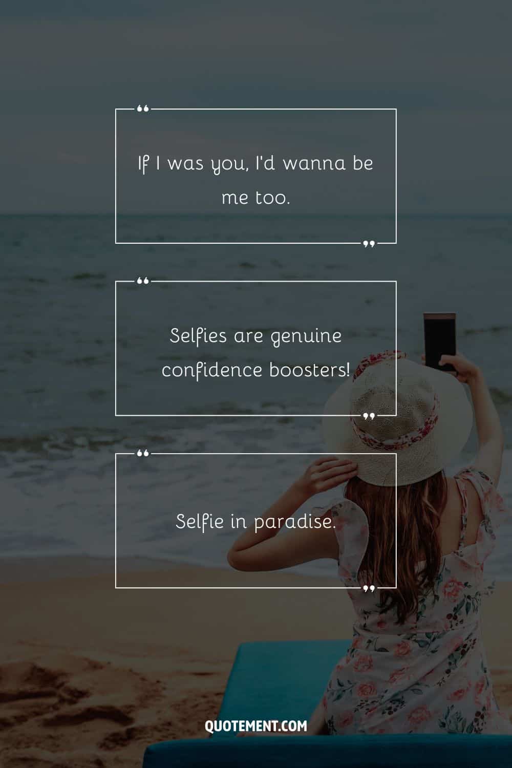 3 short Ig captions for selfies and a woman taking a selfie on a beach in the background
