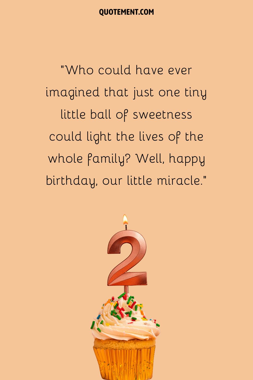 A cupcake topped with a candle in the shape of the number two representing the sweetest happy 2nd birthday wish