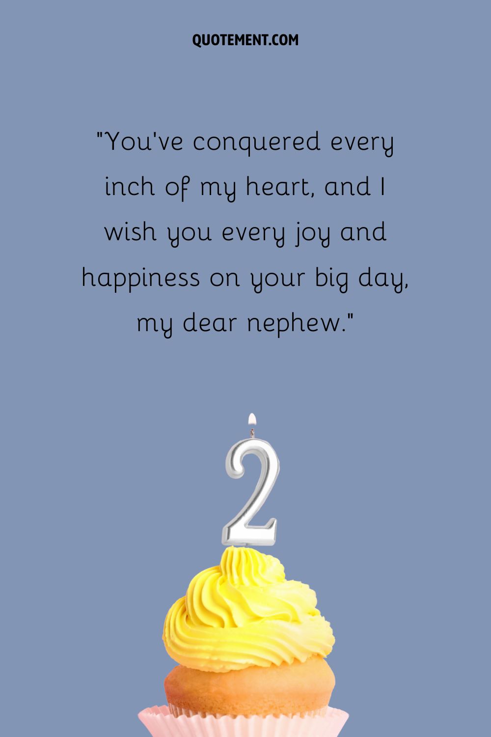 A cupcake with yellow frosting and a birthday candle in the shape of number two on top