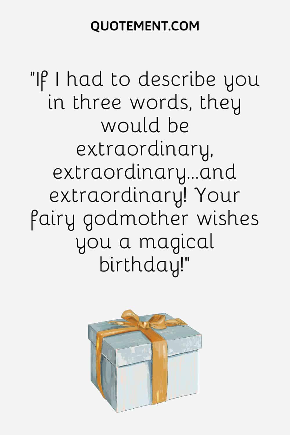 “If I had to describe you in three words, they would be extraordinary, extraordinary…and extraordinary! Your fairy godmother wishes you a magical birthday!”