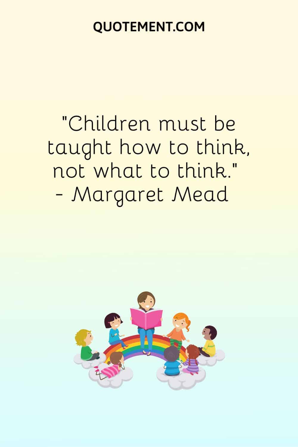 children sitting on a rainbow illustration representing kindergarten quote