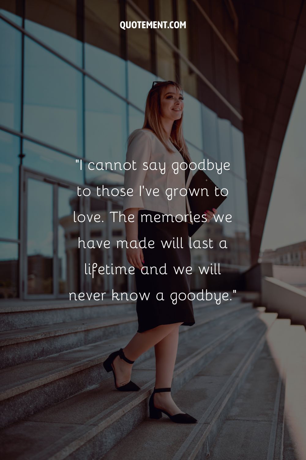 A woman standing on stairs representing the top short goodbye message leaving company
