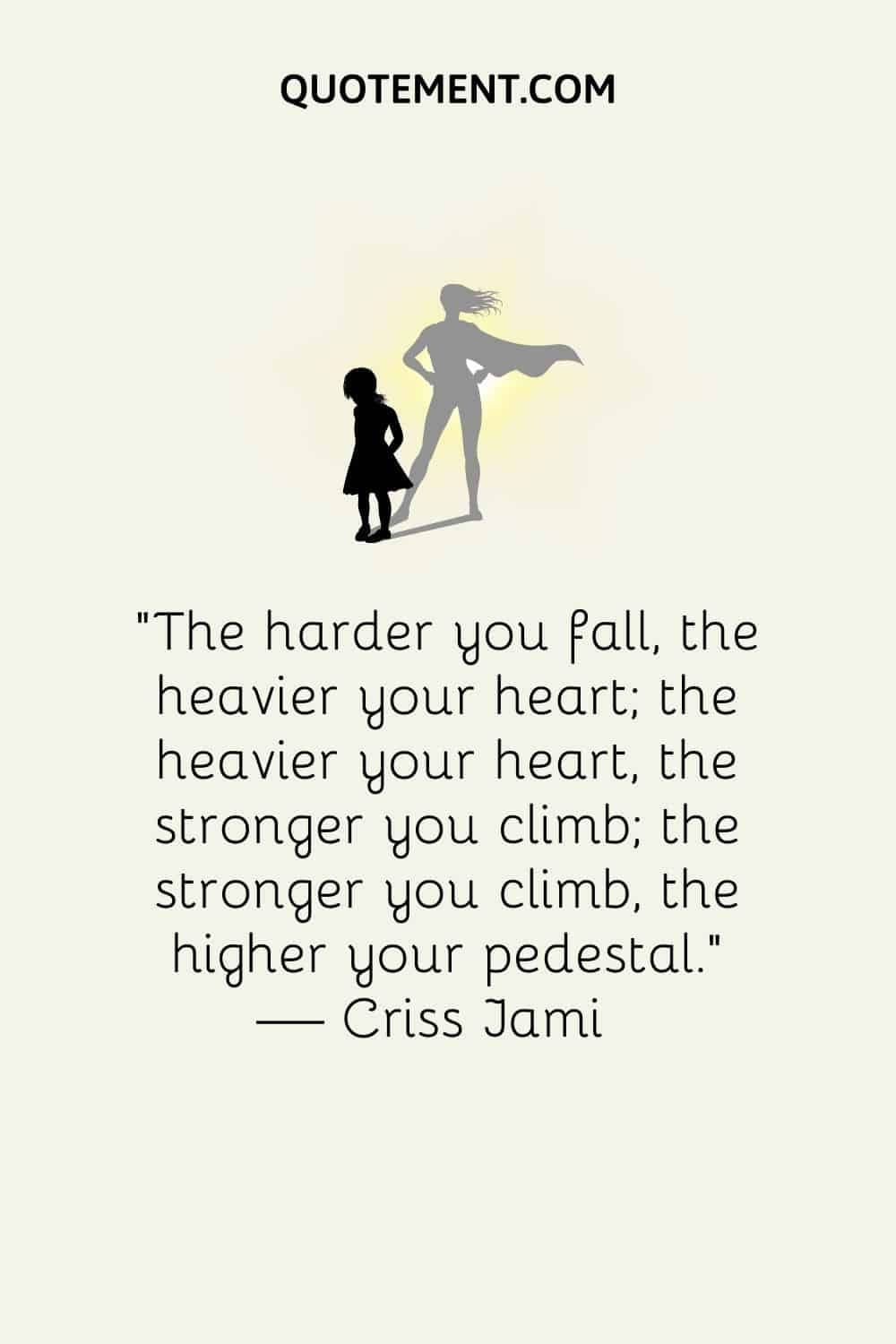 "Cuanto más duro caes, más pesado es tu corazón; cuanto más pesado es tu corazón, más fuerte subes; cuanto más fuerte subes, más alto es tu pedestal". - Criss Jami
