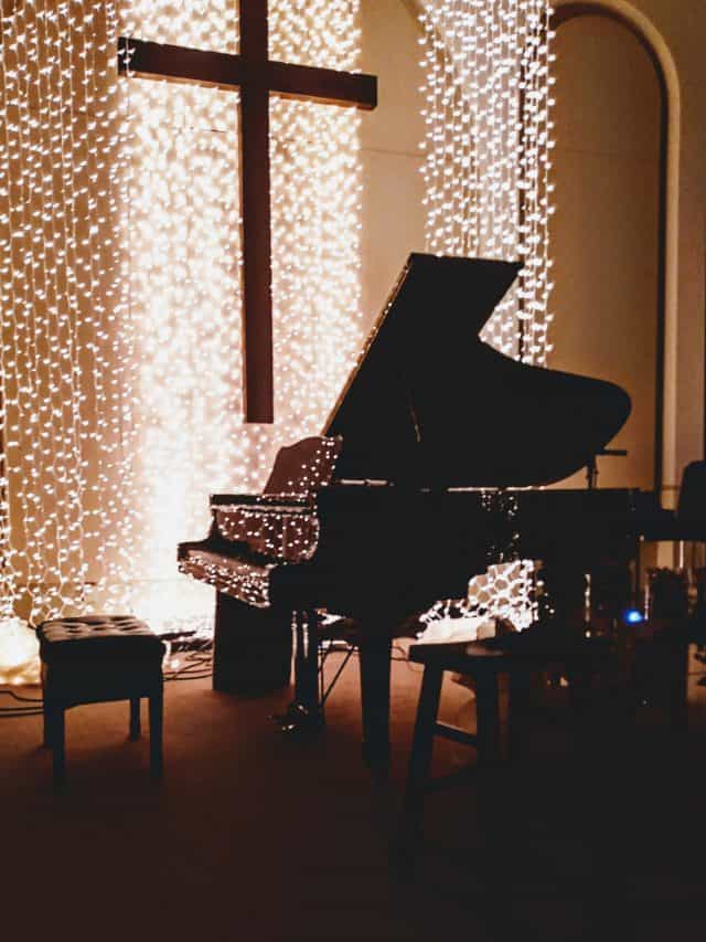 church pastor birthday lights in church and a piano