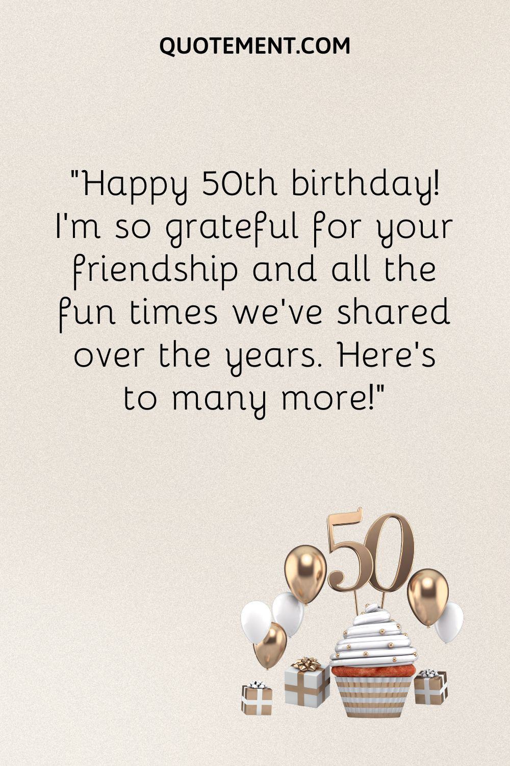cupcake with balloons and gifts image representing 50th birthday wish for a friend
