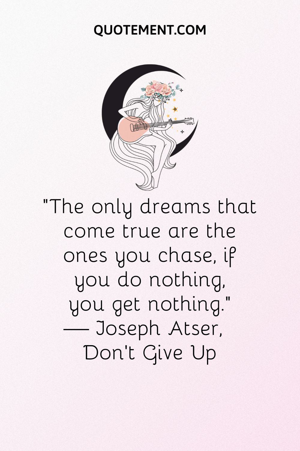 girl sitting on the moon and playing a guitar illustration representing chasing dreams quote